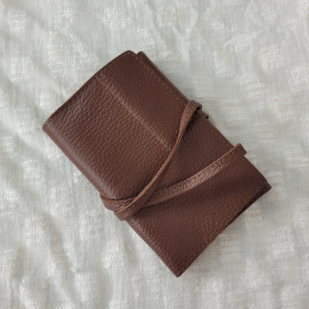 Mark & Graham brown pebbled leather charger rollup pockets tie closure minimal